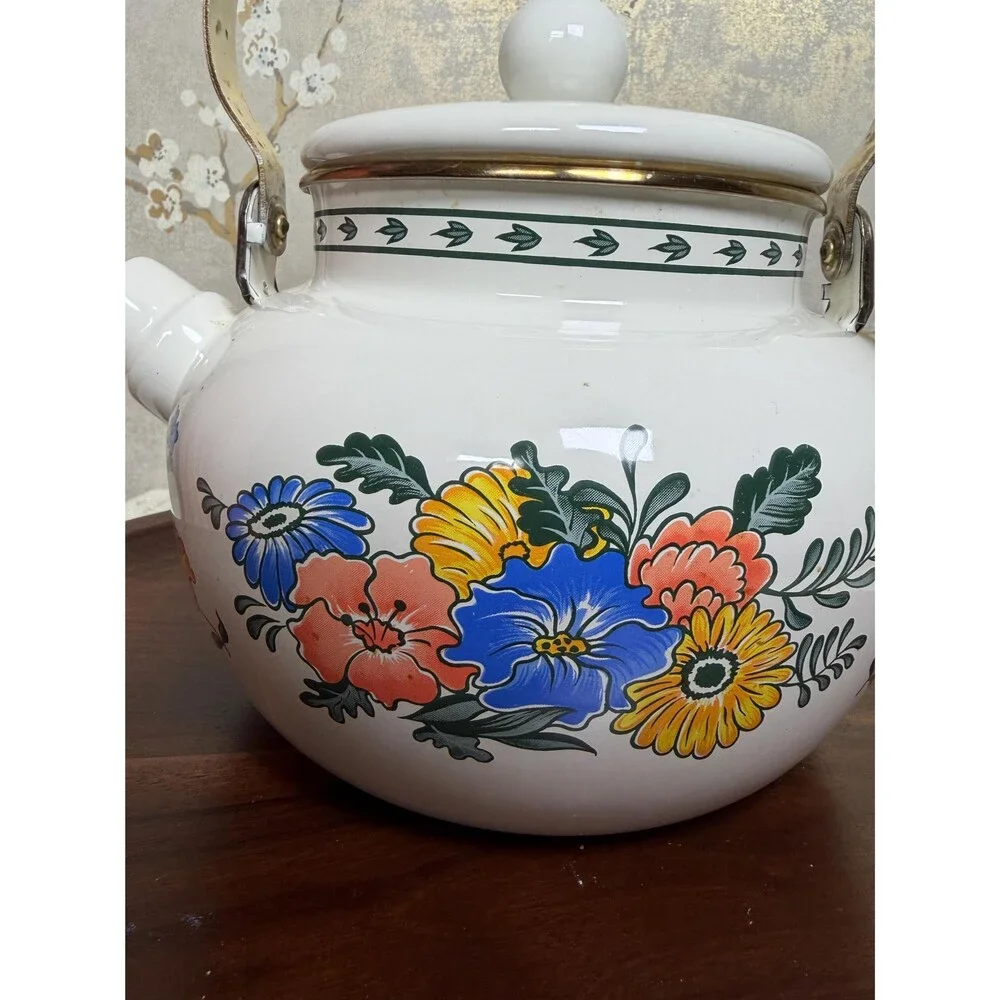Vintage M Kamenstein Floral Enamel Teakettle White Brass Handle Tea Pot 1983